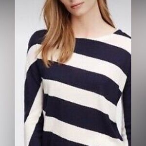Ann Taylor navy white, diagonal stripe rounded hem,Semi-Open Tie Back Ribbon top